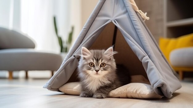 Un gattino grigio soffice all'interno di una moderna casa per animali da compagnia che si affaccia in un interno curiosamente accogliente