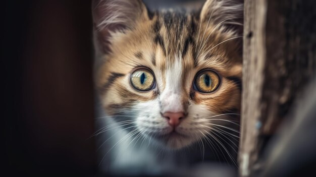 Un gattino guarda fuori da una finestra con uno sfondo nero.