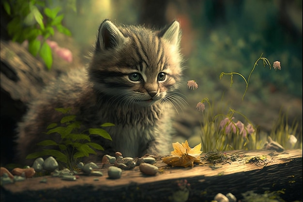 Un gattino in una foresta con fiori