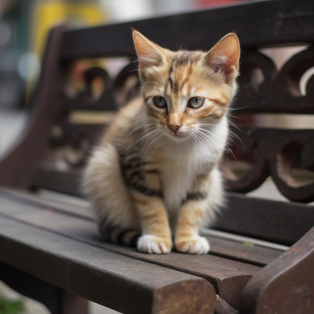 Un gattino marrone e bianco si siede su una panchina.