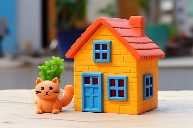 un gattino rosso amichevole di cartoni animati è seduto vicino a una casa di plasticina animali domestici