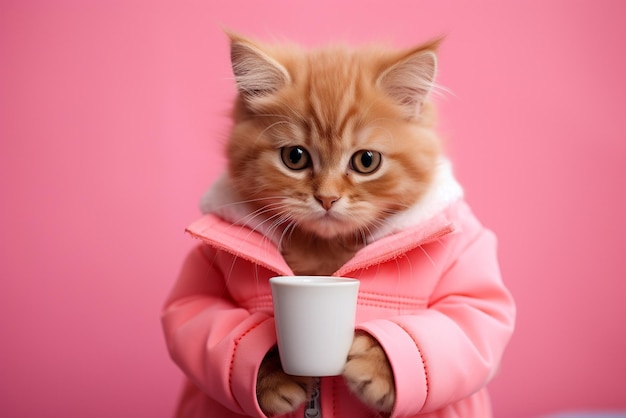 Un gattino rosso carino con una giacca rosa e una tazza di caffè.