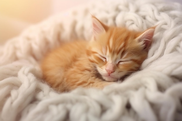 Un gattino rosso carino dorme su una coperta bianca e morbida.
