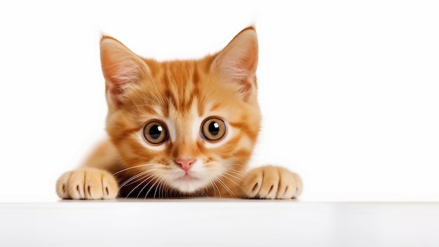 Un gattino rosso carino e curioso che guarda in lontananza, isolato su uno sfondo bianco.