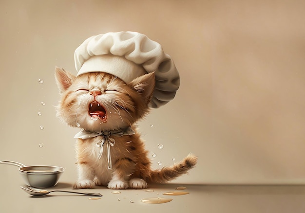Un gattino rosso che indossa un cappello da cuoco piange mentre è seduto davanti a una ciotola con uno sfondo beige al brodo