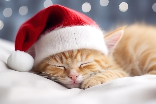 Un gattino rosso con un cappello di Babbo Natale dorme su una coperta