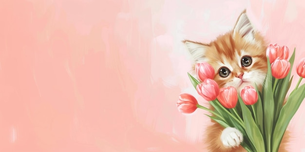un gattino rosso tiene un bouquet di tulipani su uno sfondo rosa un posto per il testo un'illustrazione ad acquerello un concetto per la pubblicità di prodotti per animali domestici biglietti di auguri e decorazioni festive