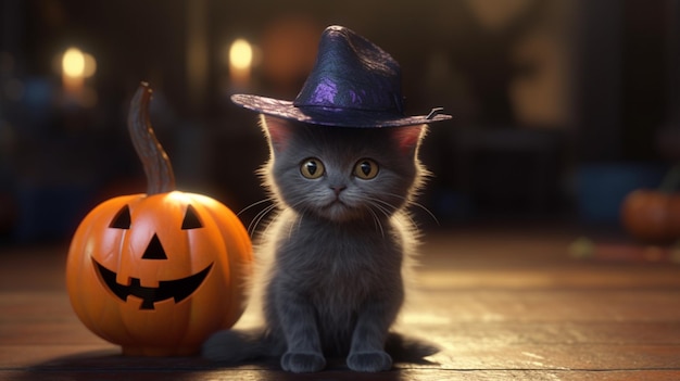 Un gattino si siede davanti a una zucca con una zucca di Halloween sul pavimento.