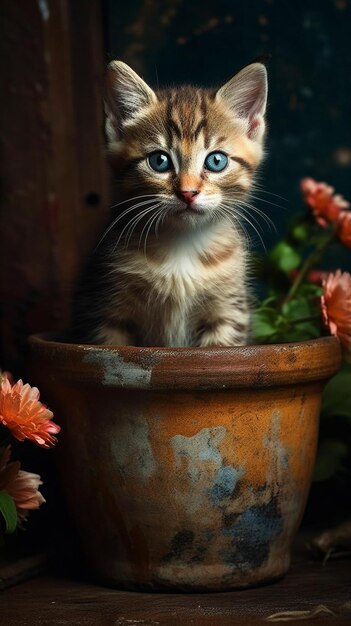 Un gattino si siede in un vaso di fiori.