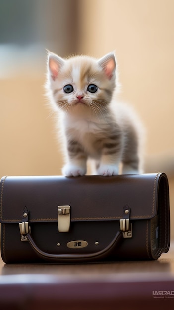 Un gattino si trova sopra una valigia marrone.