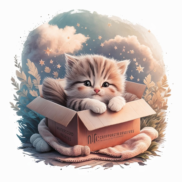 Un gattino soffice si siede adorabilmente in una scatola di cartone sognante circondato da un cielo di nuvole e stelle che evocano un senso di fantasia carina illustrazione ad acquerello con un gatto bambino
