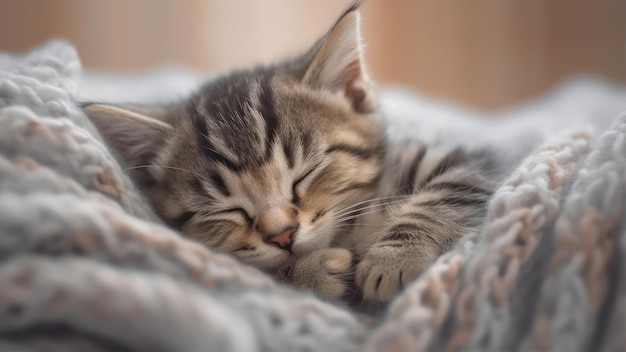 Un gattino soriano che dorme su una coperta