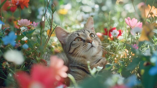 Un gattino tabby alza lo sguardo con meraviglia in un giardino illuminato dal sole circondato da una colorata schiera di fiori