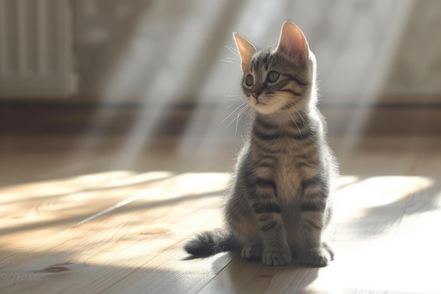 Un gattino tabby carino seduto su un pavimento di legno e guardando lontano