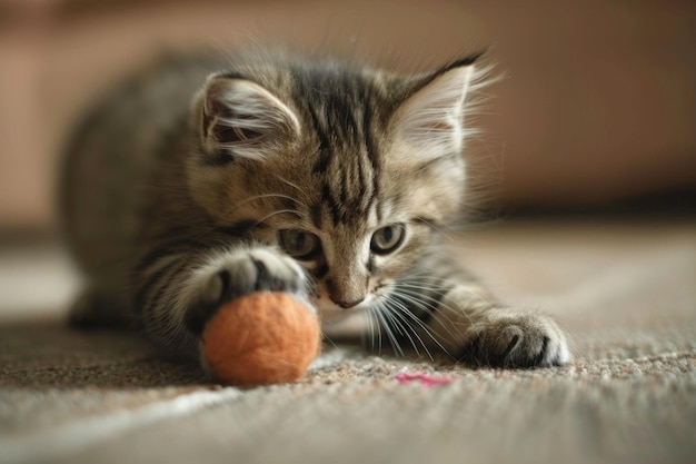 Un gattino tabby carino si impegna con una palla morbida su una superficie texturata mostrando curiosità e giocosità