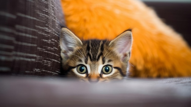 Un gattino timido che fa capolino da dietro un divano generato dall'intelligenza artificiale