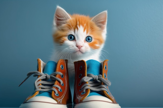 Un gattino tricolore su sfondo blu guarda la telecamera la vista dall'alto