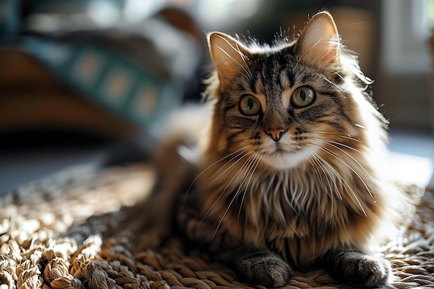 un gatto a pelo lungo seduto sopra un tappeto