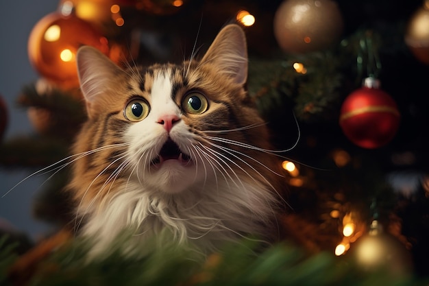 Un gatto a righe bianche arancione spaventato con un berretto rosso sullo sfondo di un albero di Natale che custodisce i regali ha visto Babbo Natale
