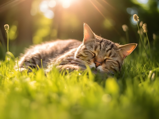 Un gatto addormentato rannicchiato in un raggio di sole sull'erba d'estate