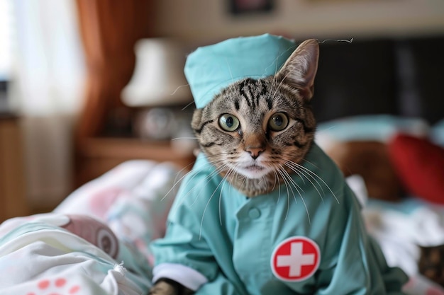 Un gatto adorabile che lavora all'ospedale animale ed è vestito come un'infermiera