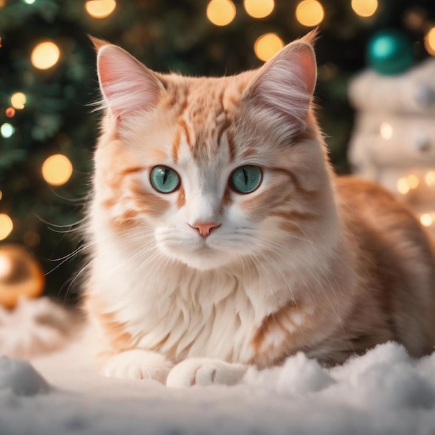 Un gatto adorabile seduto di fronte a un albero di Natale