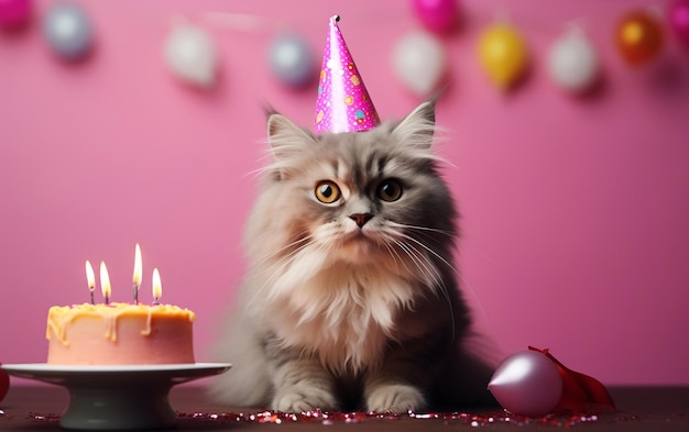 Un gatto affascinante che indossa un cappello festivo e tiene in mano un palloncino di compleanno Generative Ai