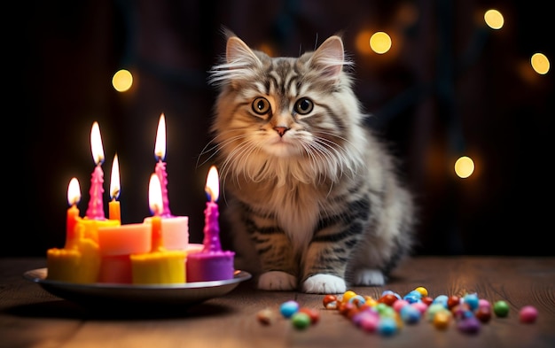 Un gatto affascinante che indossa un cappello festivo e tiene in mano un palloncino di compleanno Generative Ai