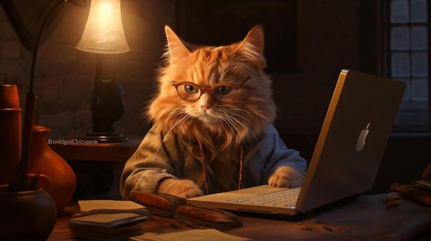 Un gatto affascinante con gli occhiali che lavora con un portatile