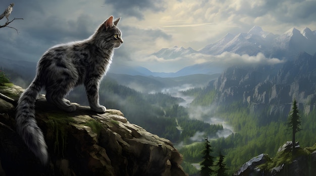 un gatto appostato su una roccia con vista su una valle di montagna