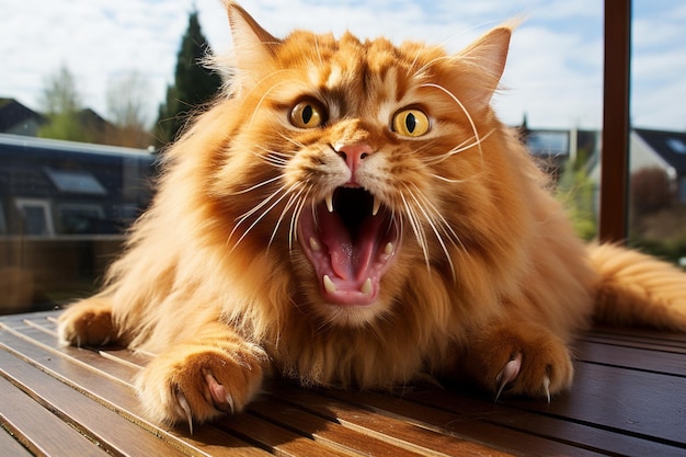 un gatto arancione con la bocca aperta su un tavolo di legno