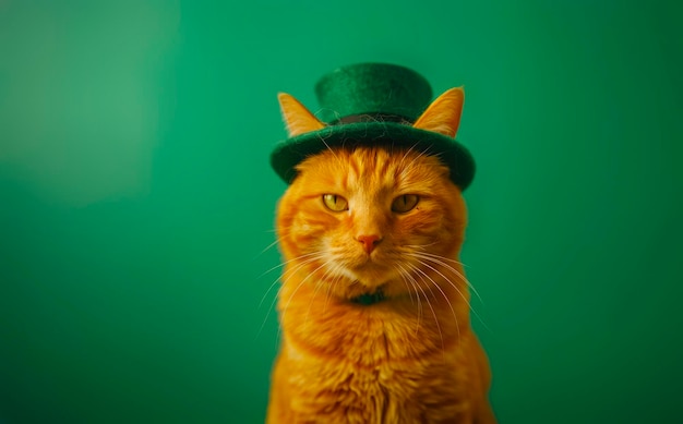 Un gatto arancione con un cappello di Leprechaun su uno sfondo verde