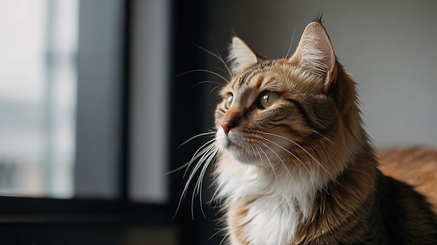 Un gatto arancione e bianco si trova su tavole di legno che gettano un'ombra alla luce solare con uno sfondo softfocused con mobili all'aperto