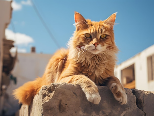 un gatto arancione seduto su un muro