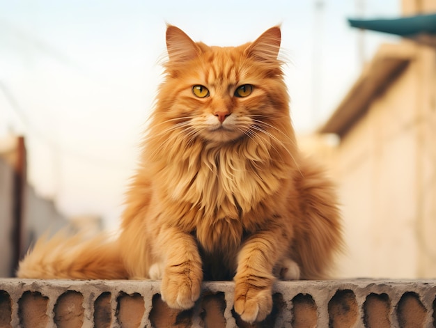 un gatto arancione seduto su un muro