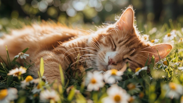 Un gatto arancione sul prato con dei fiori nei capelli