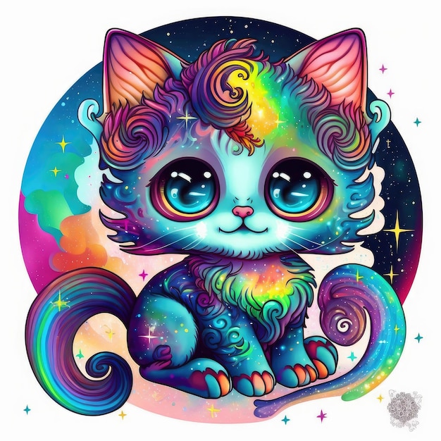 Un gatto arcobaleno con criniera e coda arcobaleno.