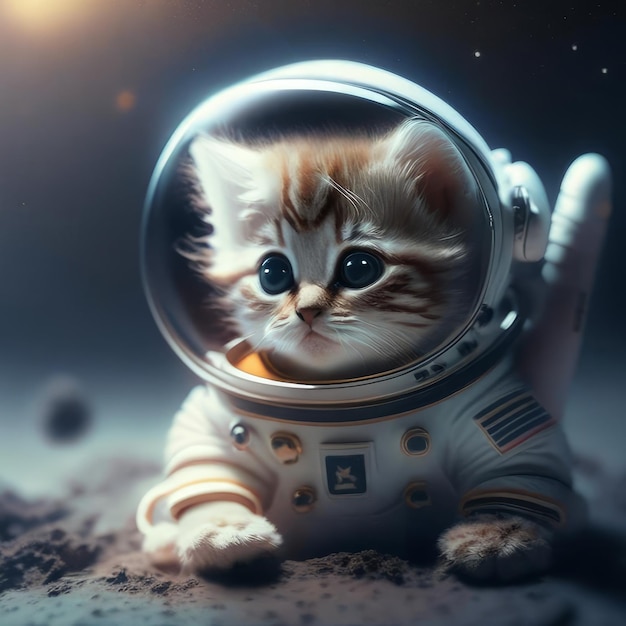 Un gatto astronauta è sulla luna con un casco