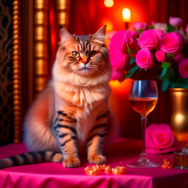 Un gatto bellissimo in un bellissimo interno con un bicchiere di vino, romanticismo e congratulazioni.