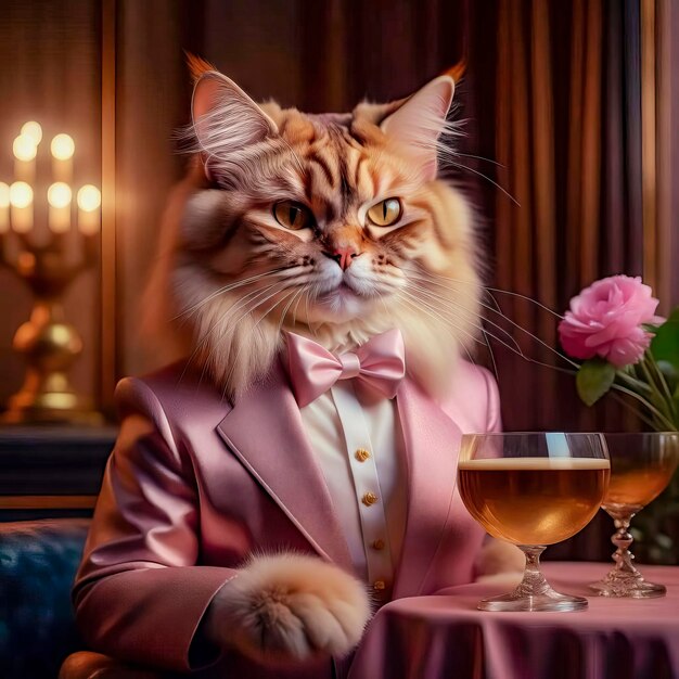 Un gatto bellissimo in un bellissimo interno con un bicchiere di vino, romanticismo e congratulazioni.