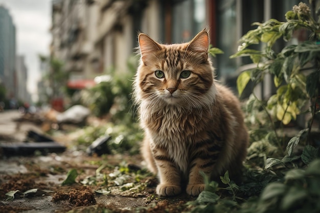 Un gatto bellissimo sulla strada verde della città