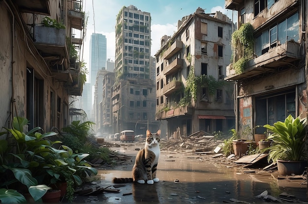 Un gatto bellissimo sulla strada verde della città