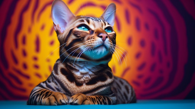 Un gatto bengalese carino che salta su uno sfondo colorato