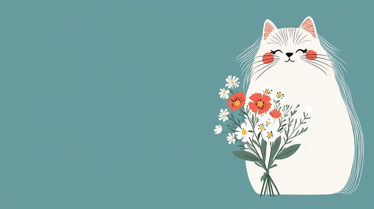 Foto un gatto bianco carino che tiene un bouquet di fiori