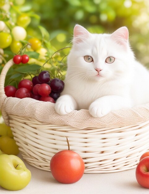 un gatto bianco carino seduto in un cesto
