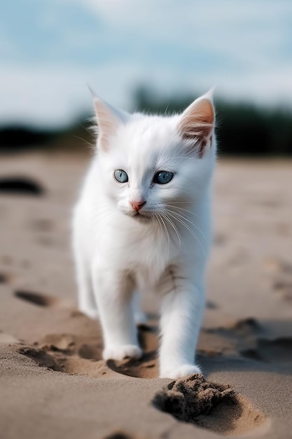 Un gatto bianco che cammina sulla spiaggia