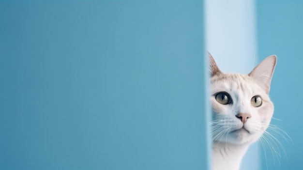 Un gatto bianco che fa capolino da dietro un muro blu IA generativa