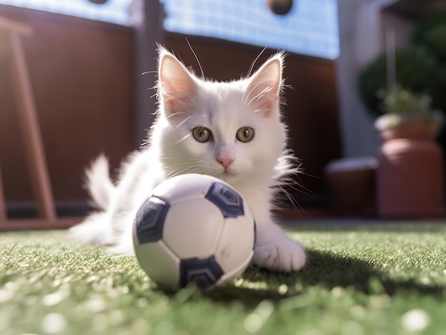 Un gatto bianco che gioca con un pallone da calcio