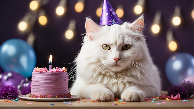 Un gatto bianco che indossa un cappello da festa viola è seduto di fronte a una torta di compleanno purpurea con un