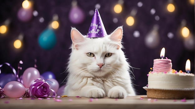 Un gatto bianco che indossa un cappello da festa viola è seduto di fronte a una torta di compleanno purpurea con un